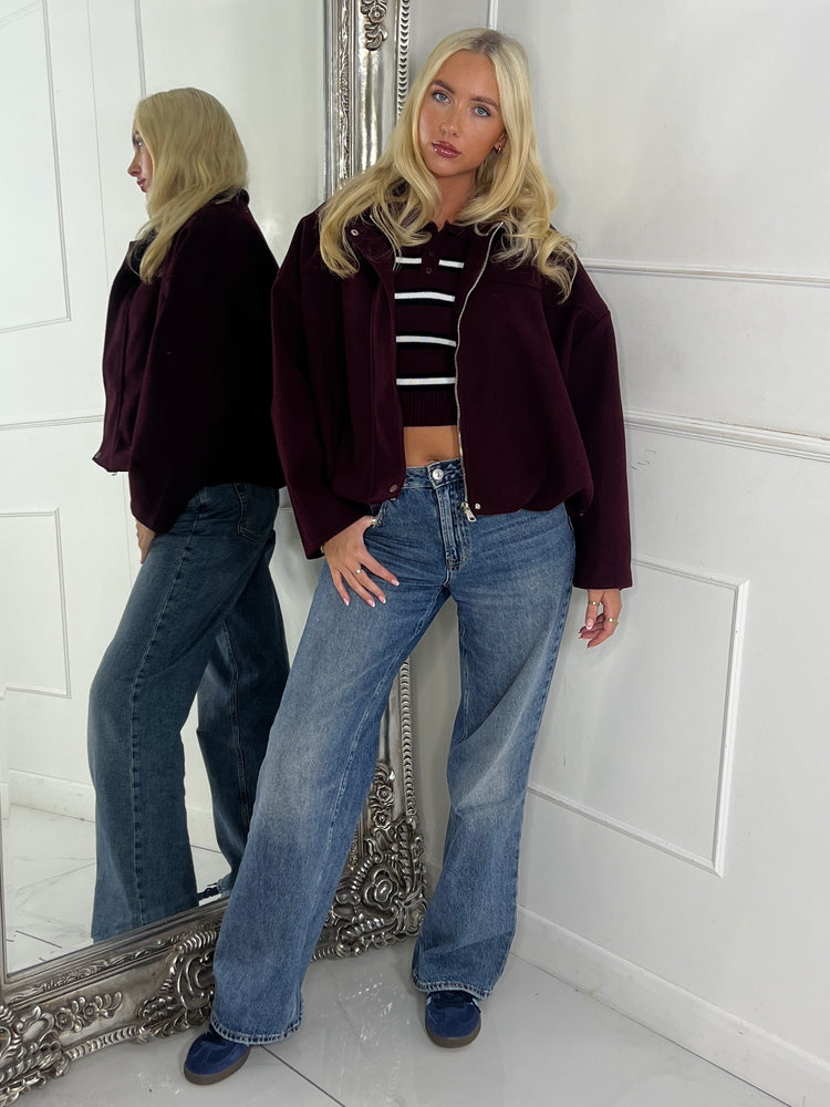 Collared Oversized Bomber Jacket - Wine
