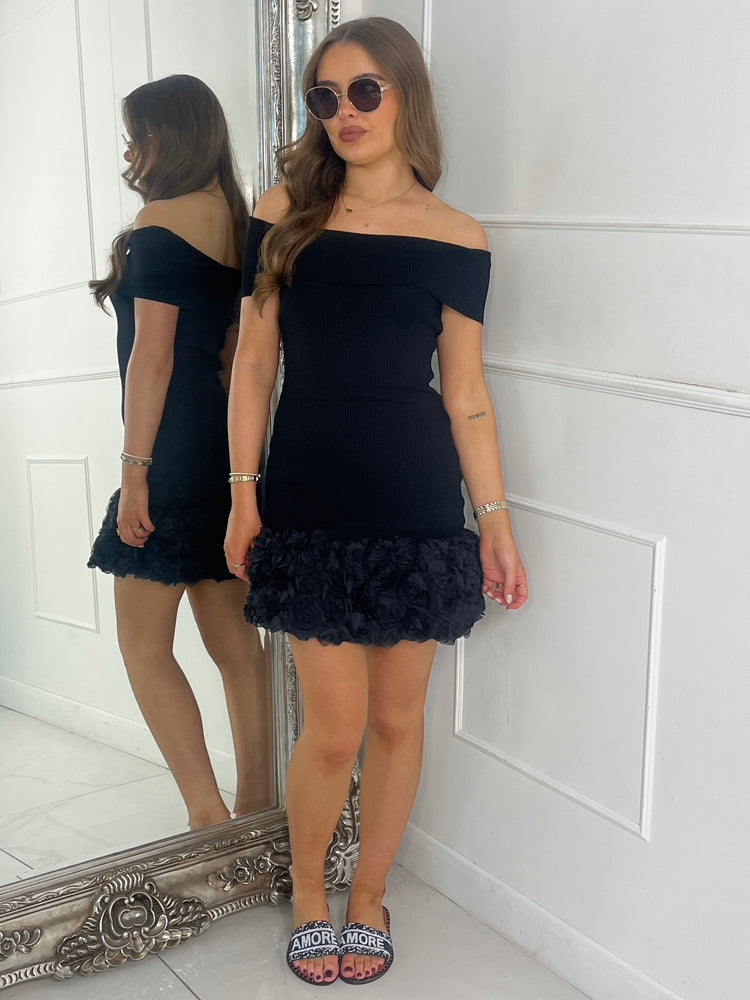 Mesh Ruffle Bottom Off Shoulder Dress - Black