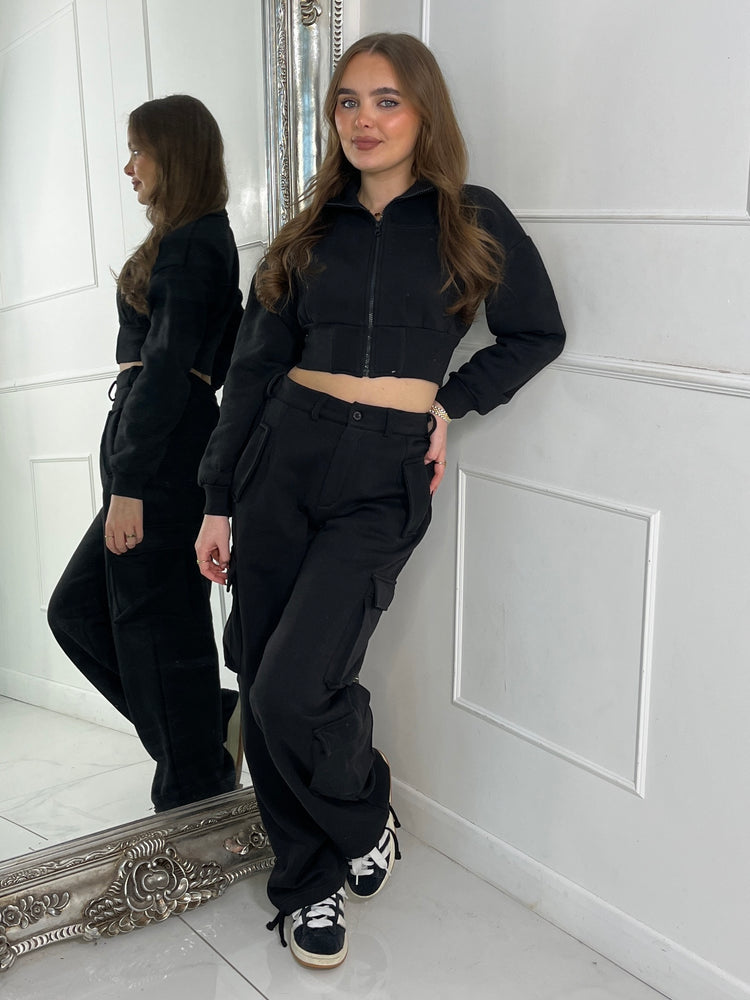 High neck Zip Up Jacket & Button Detail Cargo Pocket Flares - Black