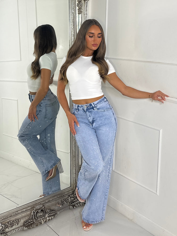 Ombre Diamante Wide Leg Jeans - Blue Denim