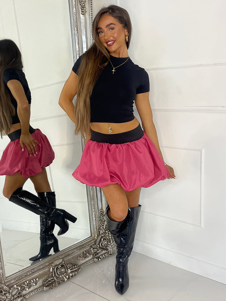 Band Detail Puffball Skirt - Hot Pink With Black Band