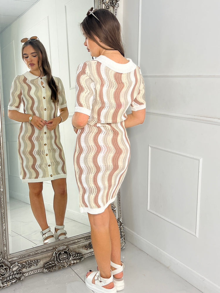 Multi Coloured Collar Detail Crochet Dress - Beige/Sage/White
