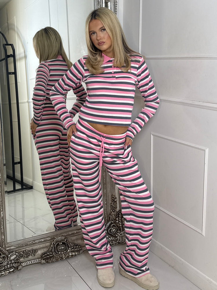 Collar Detail Striped Long Sleeve Top & Wide Leg Pants Co-Ord - Baby Pink Multi