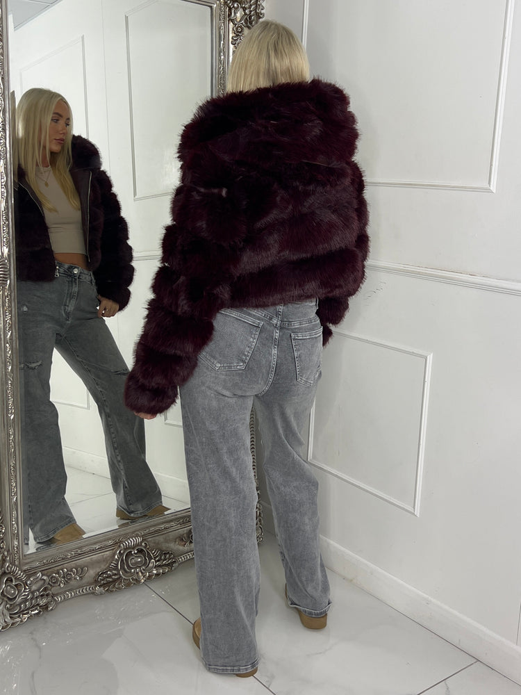 Hooded Faux Fur Tiered Jacket - Wine