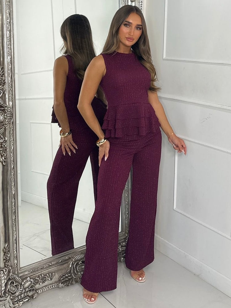 Lurex Knit High Neck Ruffle Top & Flares Co-Ord - Wine