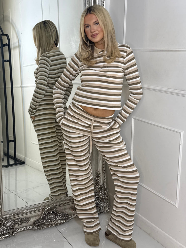 Collar Detail Striped Long Sleeve Top & Wide Leg Pants Co-Ord - Beige Multi