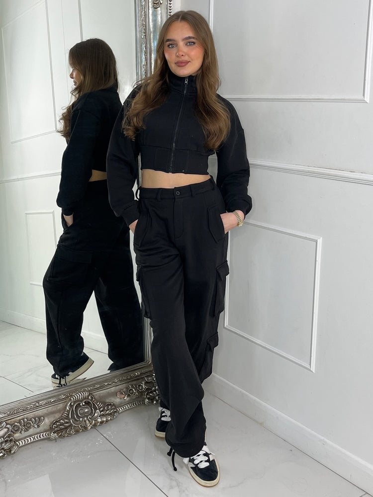 High neck Zip Up Jacket & Button Detail Cargo Pocket Flares - Black