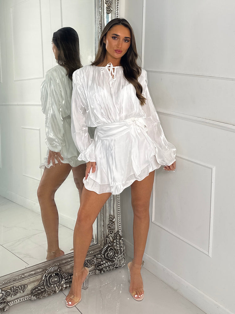 Pleated Belt Detail Chiffon Shirt Dress - White