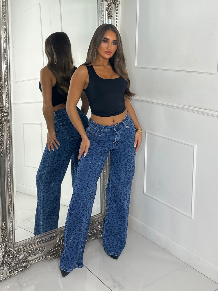 Leopard Diamante Detail Wide Leg Super Stretch Jeans - Denim Blue