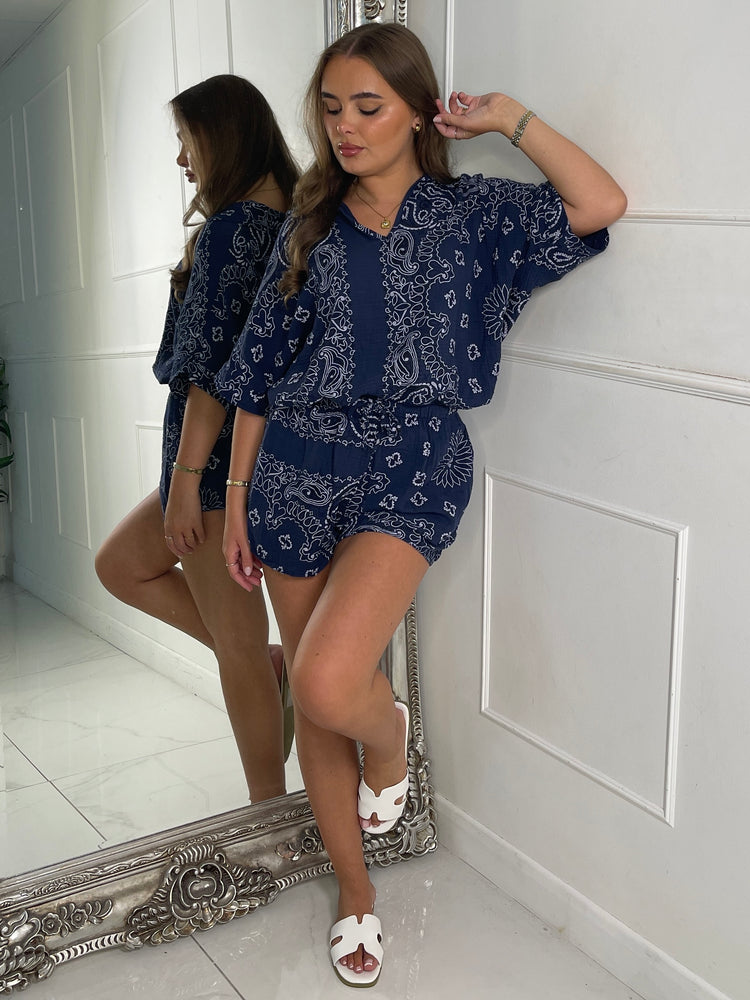 Paisley Print Collared Top & Shorts Set - Navy