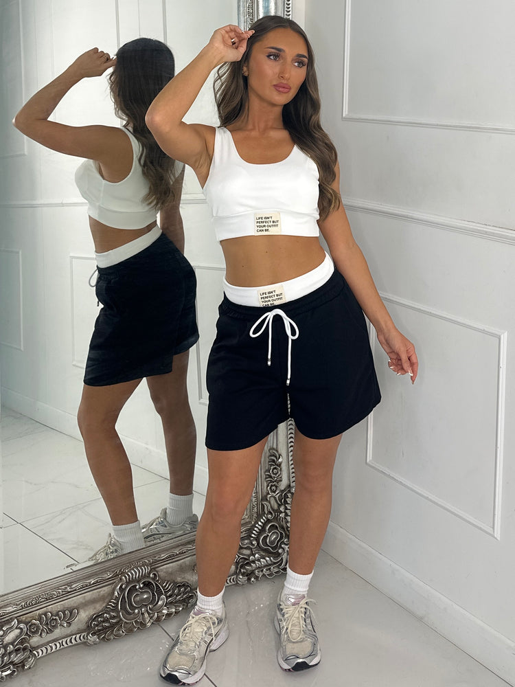 Patch Detail Ribbed Vest Top & Baggy Band Shorts - Black