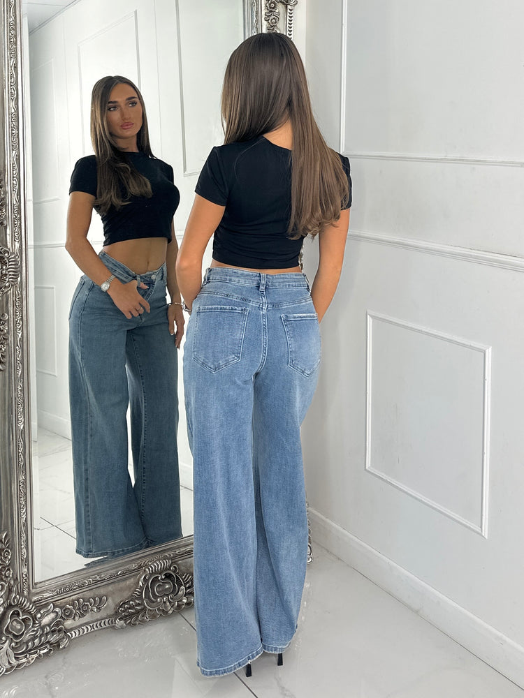 Wide Leg Jeans - Mid Wash Blue