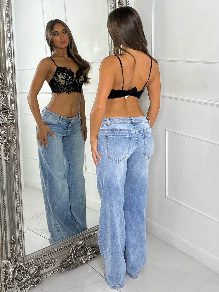 Lace Button Detail Corset Style Bra Top - Black/Beige