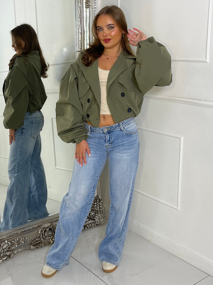 Crop Balloon Sleeve Trench Jacket - Khaki Green
