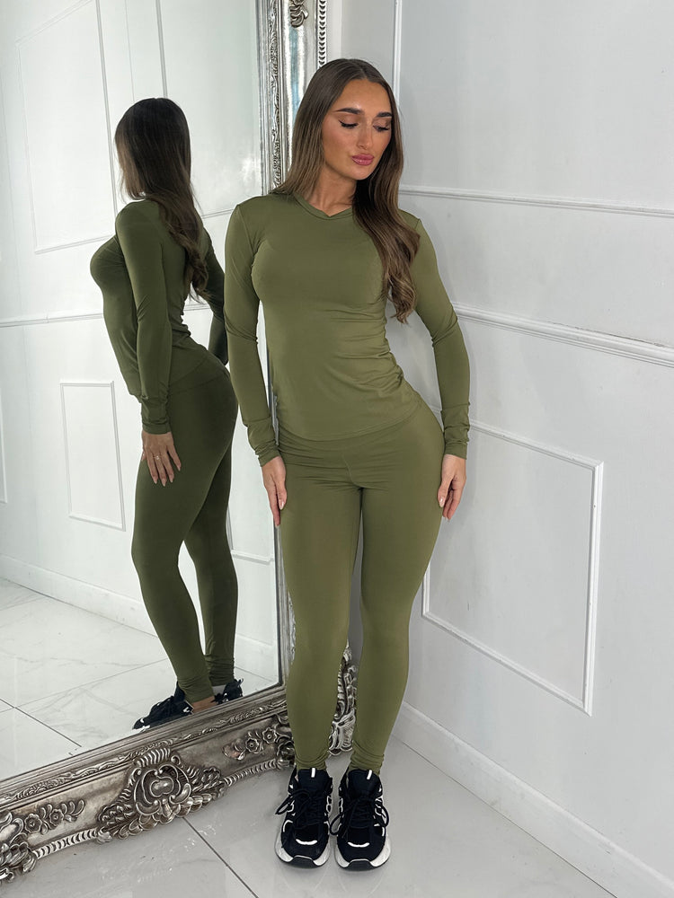 Round Neck Long Sleeve Second Skin Top & Sculpt Panel Leggings - Khaki green