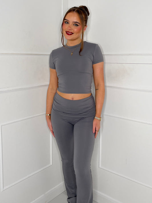 Short Sleeve Round Neck Top & Flares Co-Ord Second Skin - Charcoal