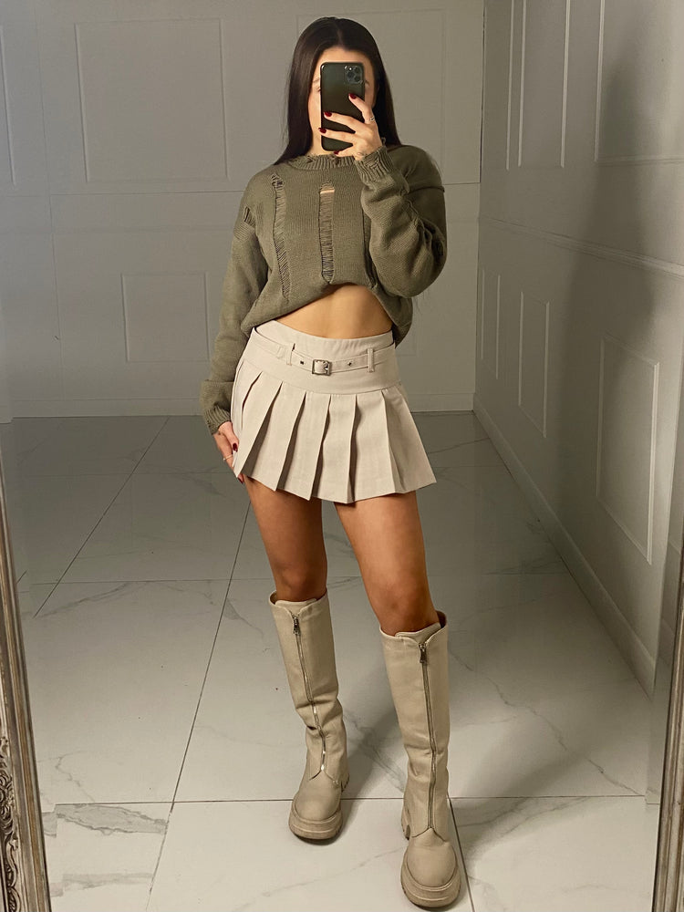 Pleated Detail Skort - Beige plain