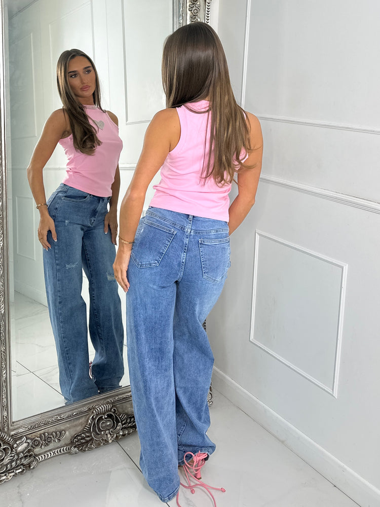 Silver stud heart detail racer crop top - Baby Pink