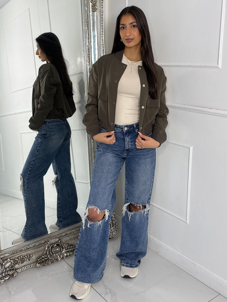 Cropped Pocket Detail Bomber Jacket - Khaki