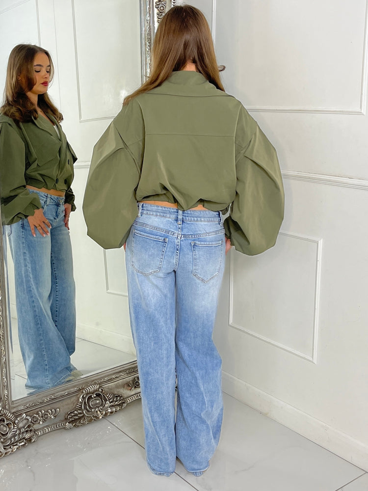 Crop Balloon Sleeve Trench Jacket - Khaki Green