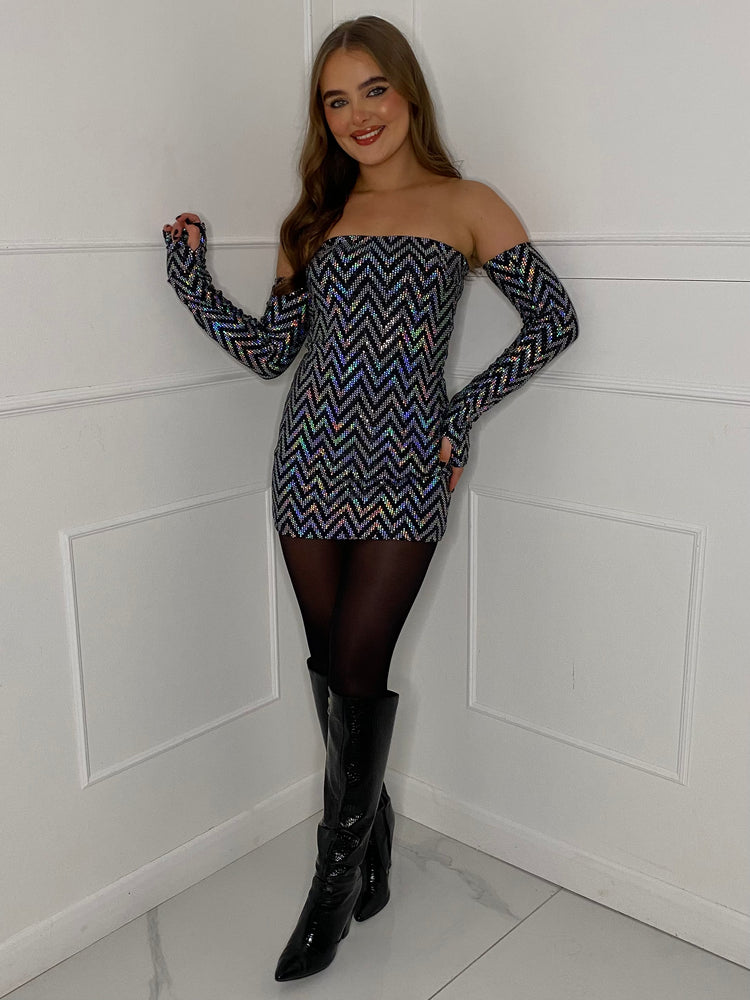 Strapless Dress with Detached Sleeves - Silver Zigzag