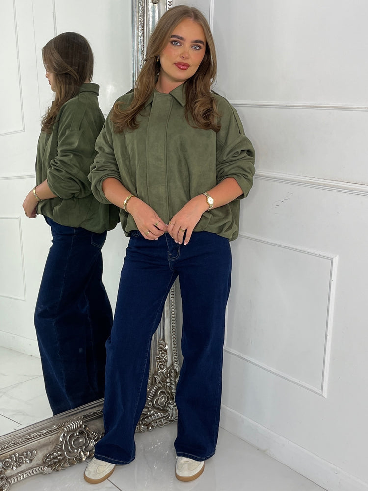 Suede Collared Oversized Bomber Jacket - Khaki