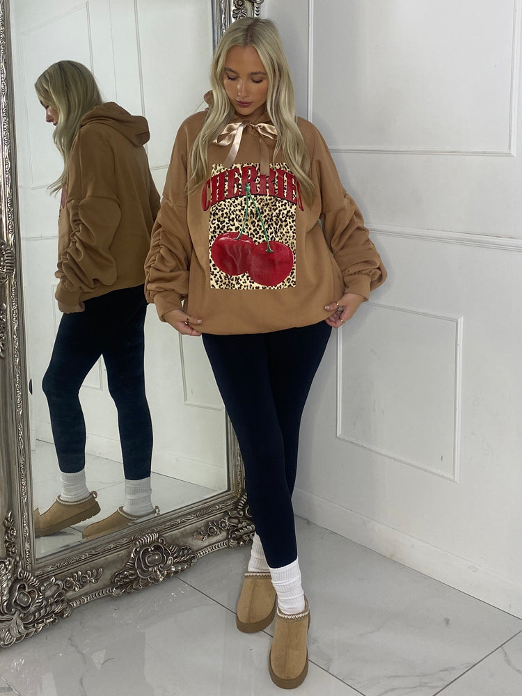 Leopard Box Cherries Print Ruche Sleeve Hoodie - Beige