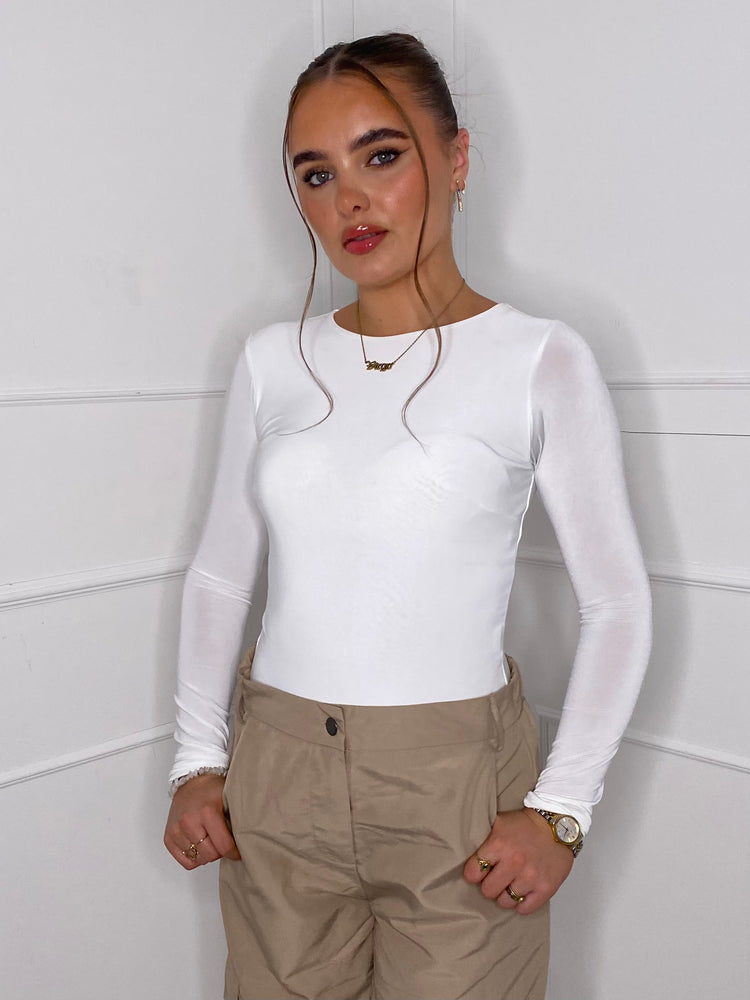 Round Neck Long Sleeve Bodysuit - White