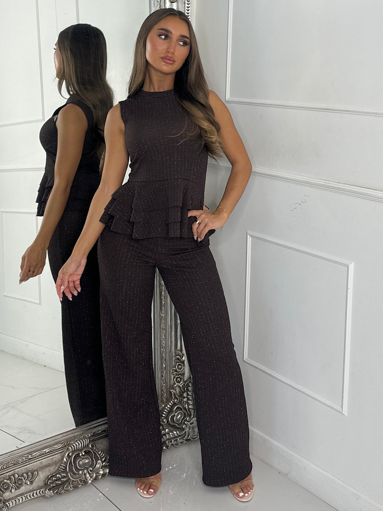 Lurex Knit High Neck Ruffle Top & Flares Co-Ord - Chocolate