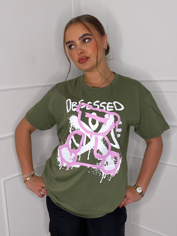 Obsessed Teddy Print T-shirt- Khaki Green