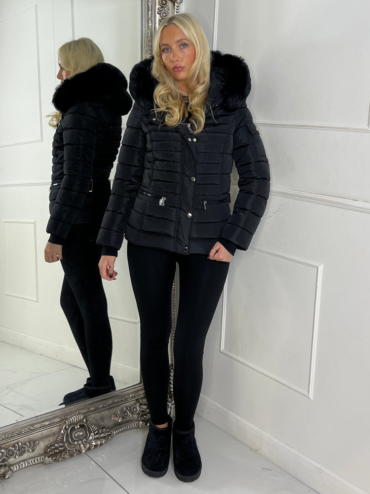 Padded Pocket Detail Faux Fur Hooded Jacket - Black