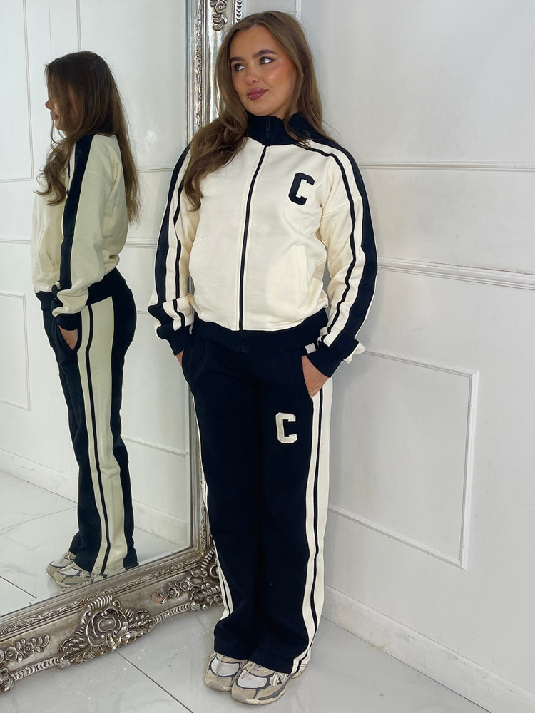 Colour Block Contrast “C” Embroidery Tracksuit - Black/Cream