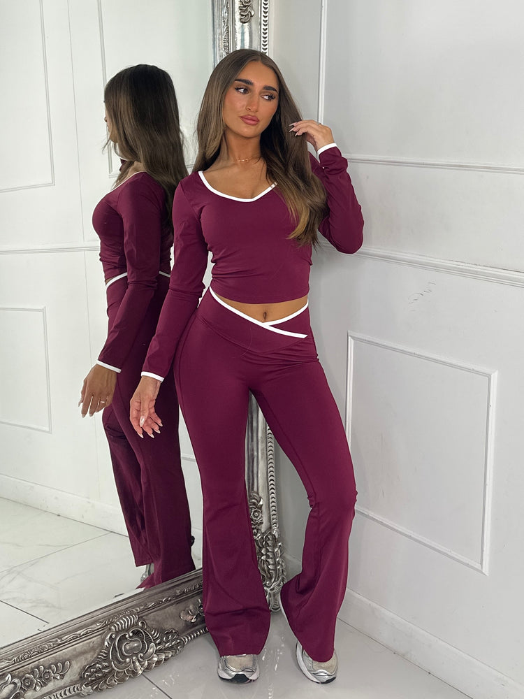Crossover Ruched Bum Flares & Line Detail Long Sleeved Top - Wine