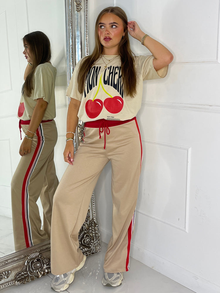 Red Stripe Detail Trousers - Beige