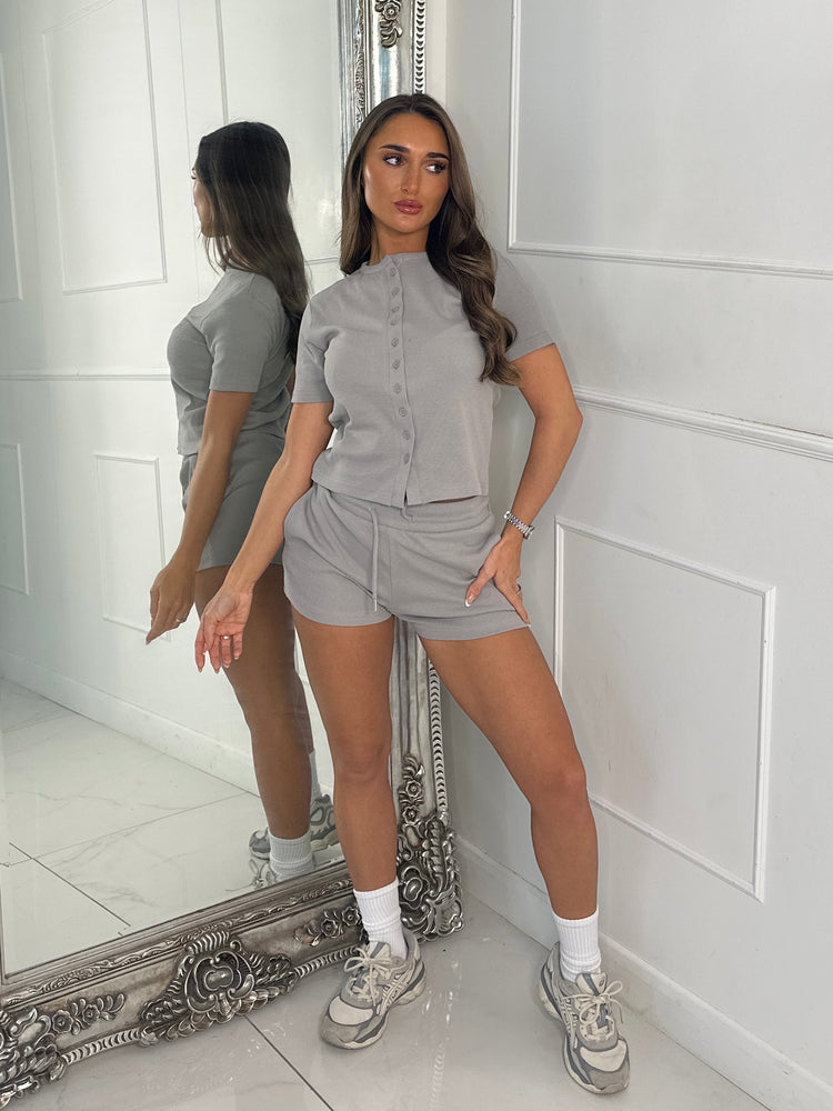 Round Neck Button Up Ribbed Top & Drawstring Shorts Co-ord - Dove Grey