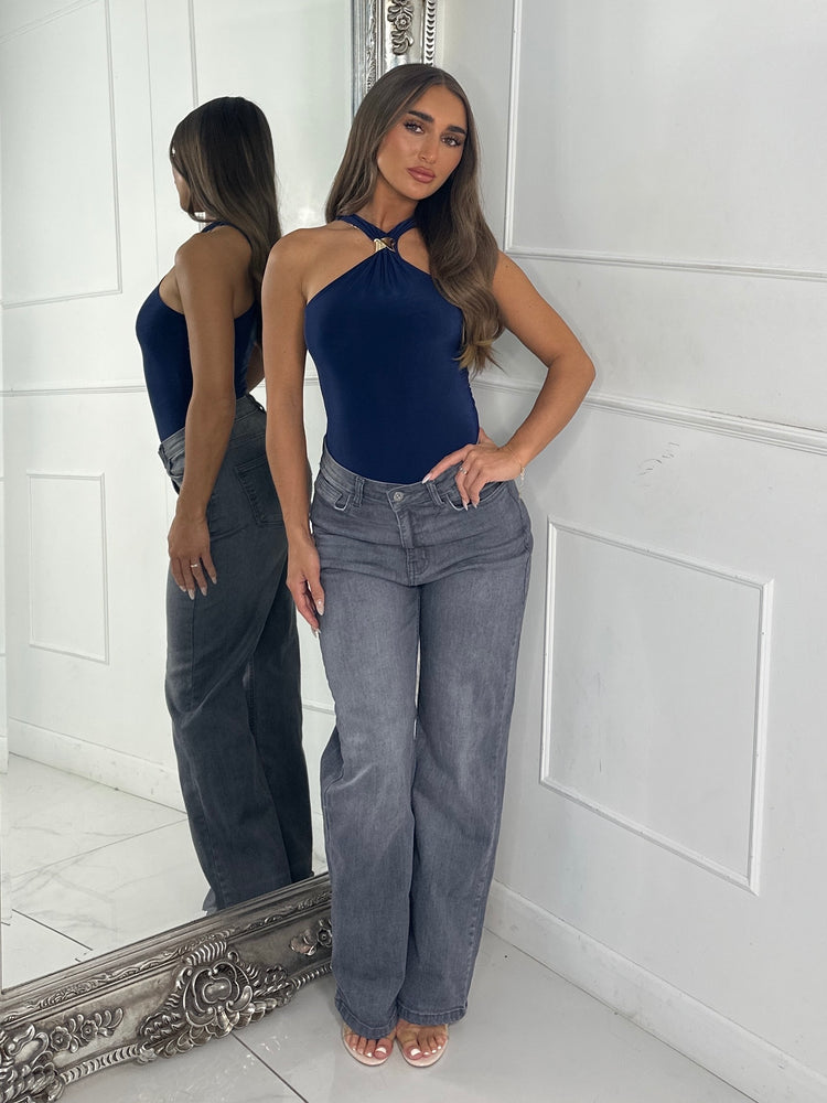 Gold Buckle Cut Out Slinky Bodysuit - Navy