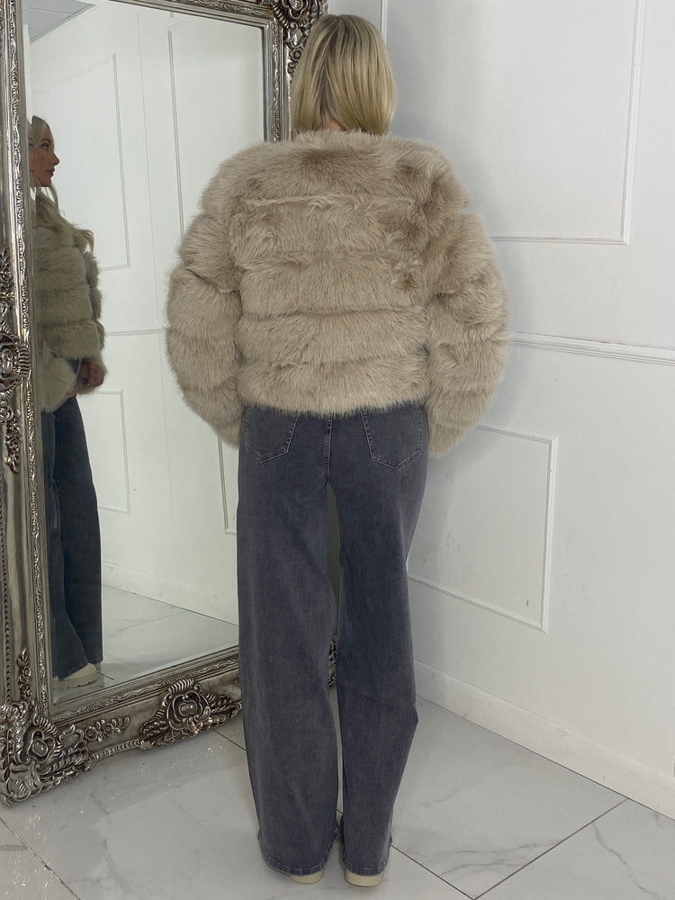 Tiered Faux Fur Round Neck Jacket - Beige