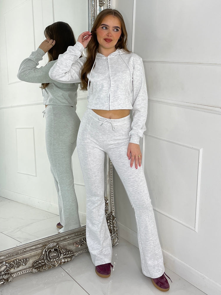 Crop Hoodie & Seam detail Flared Pants - Light Grey