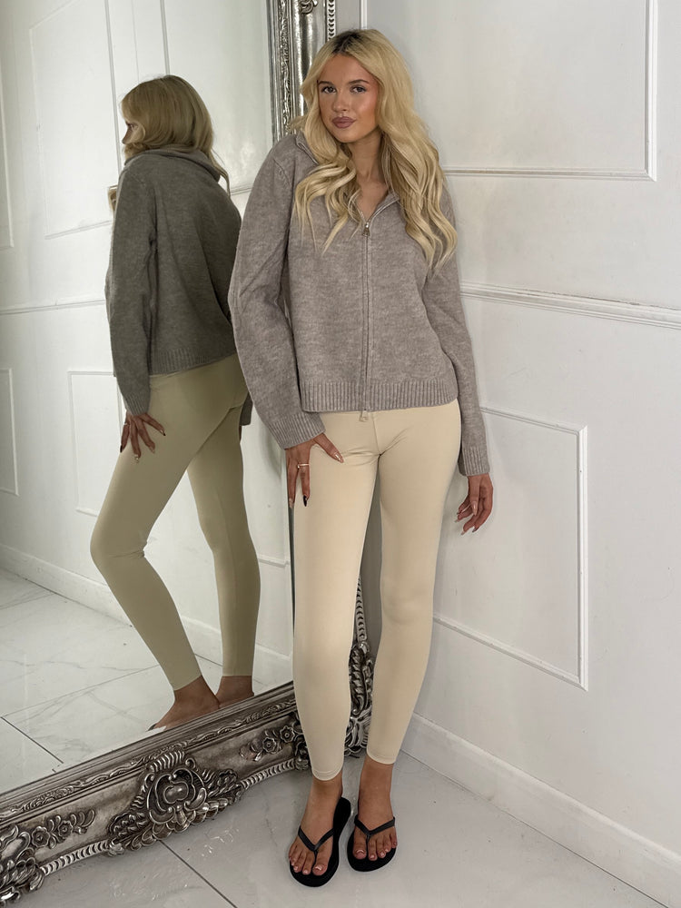 Zip Up Detail Long Sleeve Cropped Knitted Ribbed Jumper-Taupe