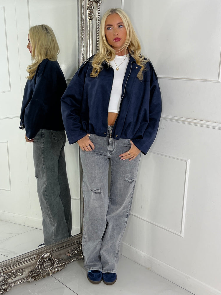 Suede Collared Oversized Bomber Jacket - Navy