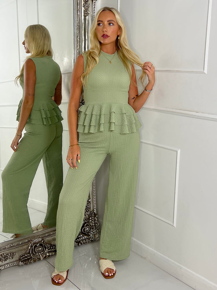 Cheesecloth High Neck Ruffle Bottom Top & Matching Flares Co-ord - Sage Green