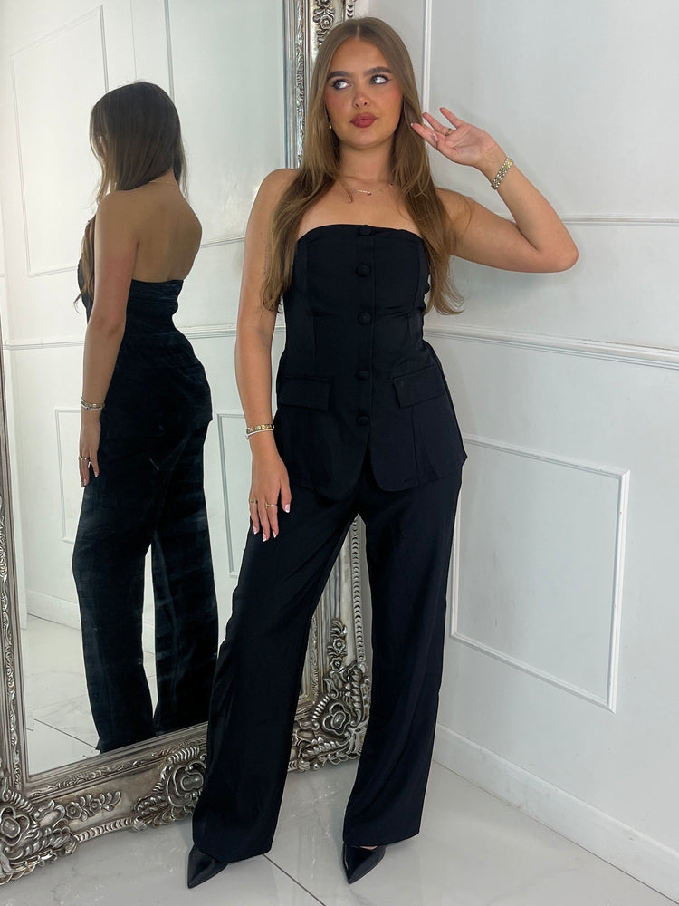 Bandeau Button Detail Corset & Flares Co-ord - Black
