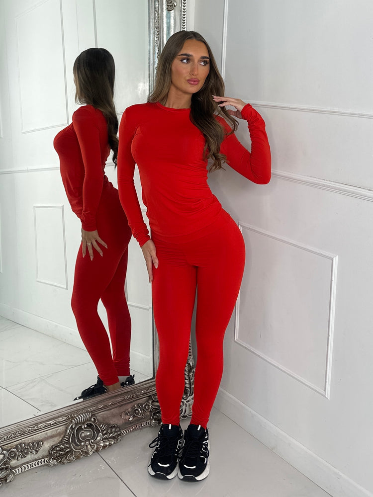 Round Neck Long Sleeve Second Skin Top & Sculpt Panel Leggings - Red