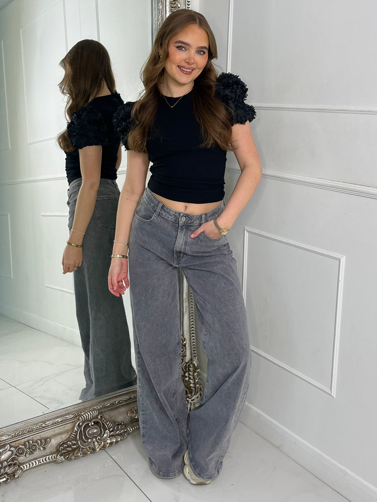 Mesh Ruffle Shoulder Tee -Black Ribbed