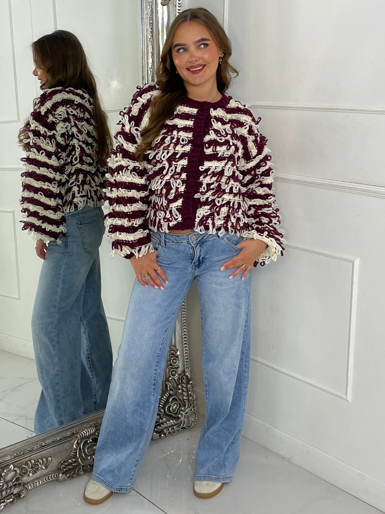 Soft Fluffy Loop Detail Cardigan - Wine/Cream Mixed