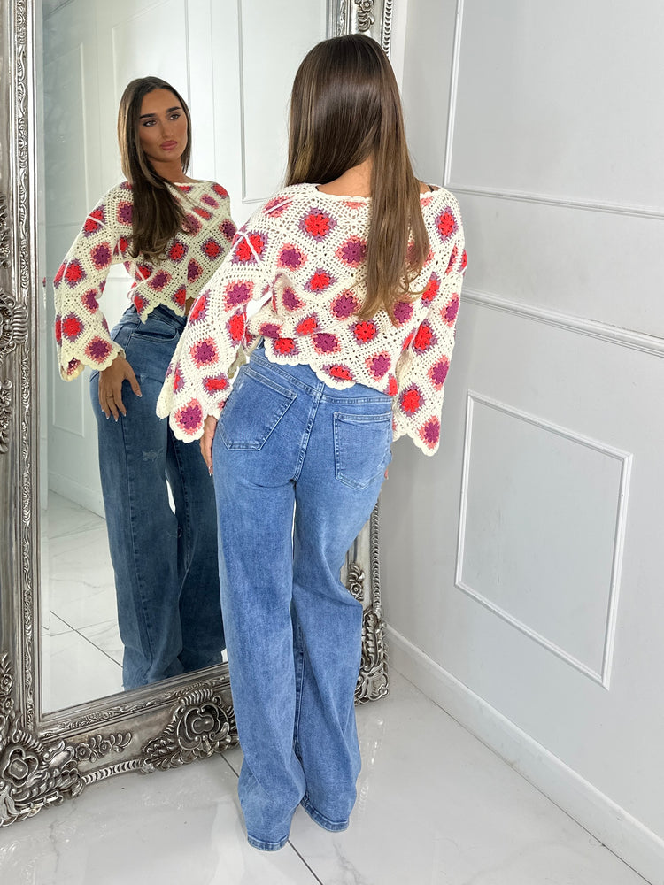 Crochet contrast patterned top - Beige/Purple&Pink