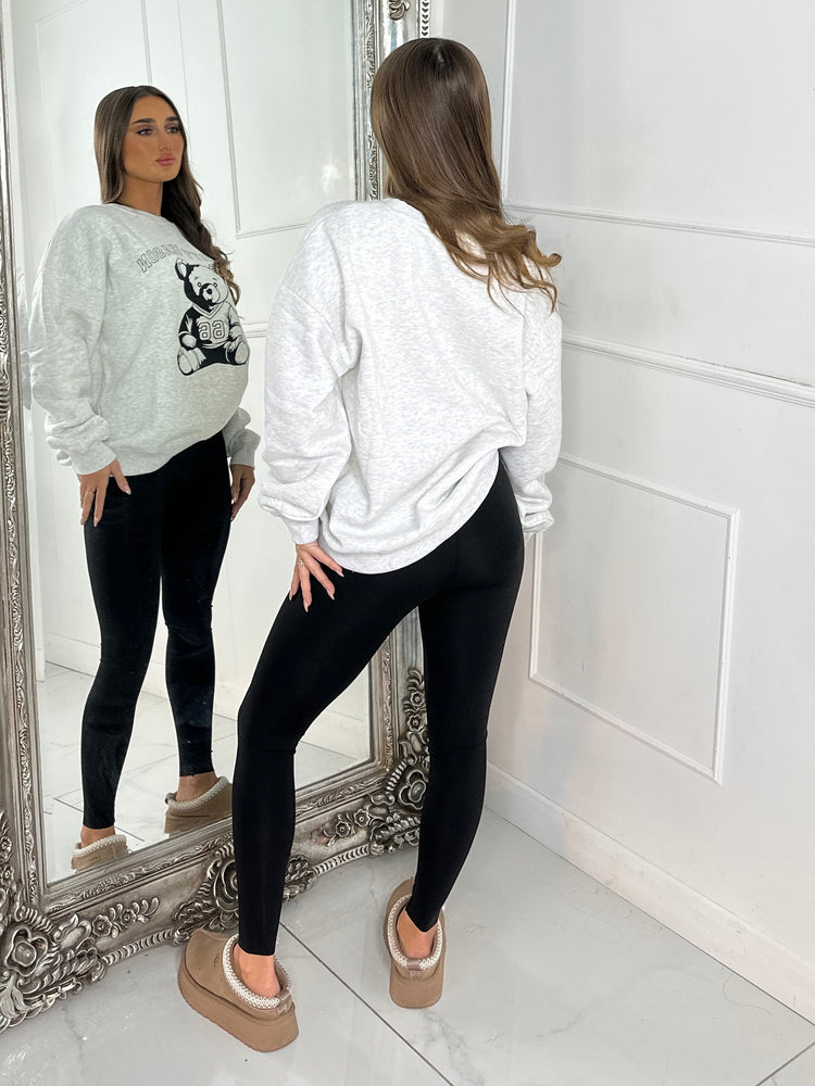 Oversized Sporty Season Teddy Bear Sweatshirt - Grey & Black