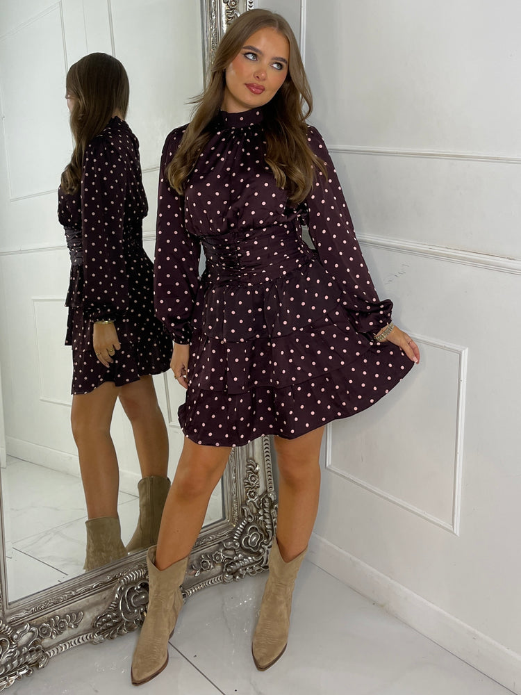 High Neck Cinched Waist Printed Dress- Wine/Pink Polka Dot