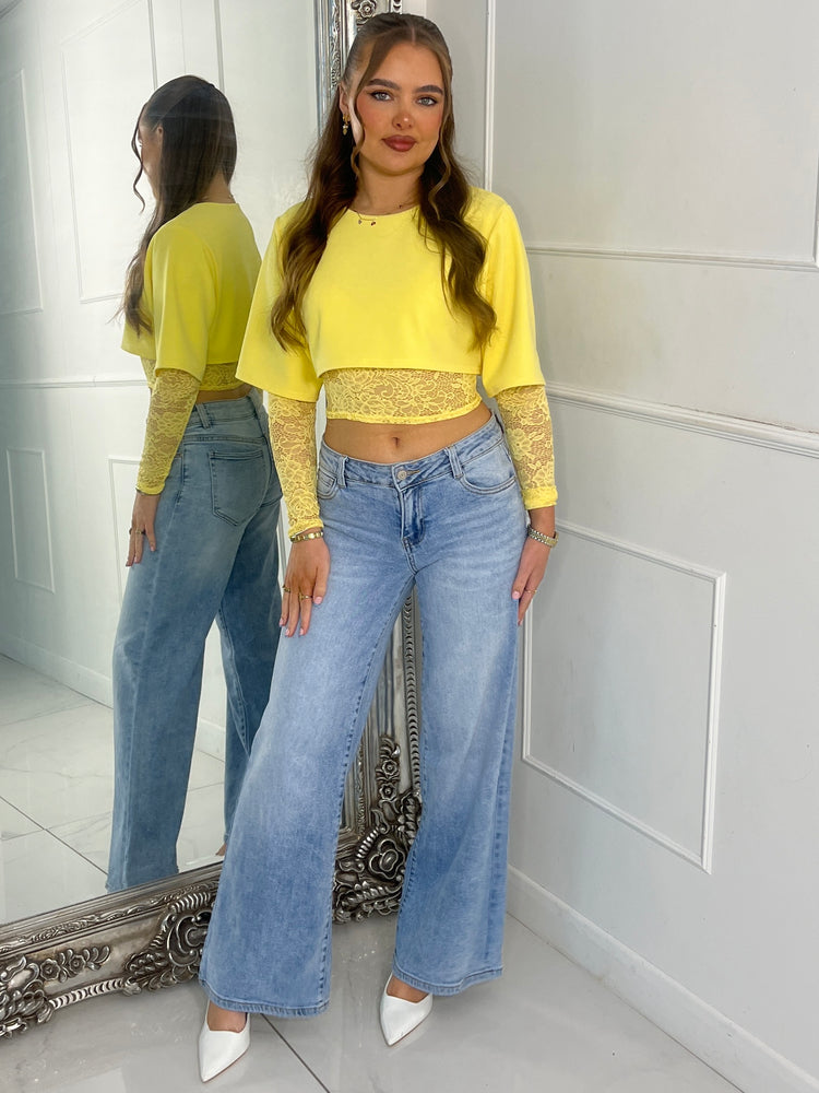 Round Neck Lace Underlayer Long Sleeved Cropped Top - Yellow