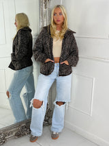 Oversized Collar Pocket Detail Knitted Zip Up Jumper - Brown